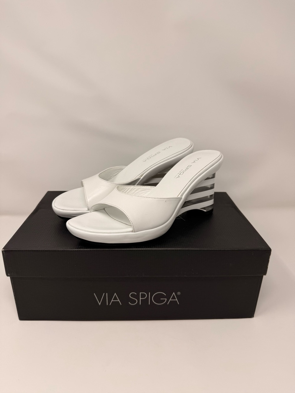 Via Spiga White Open-Toe Wedge Slide Sandals with Striped Heel